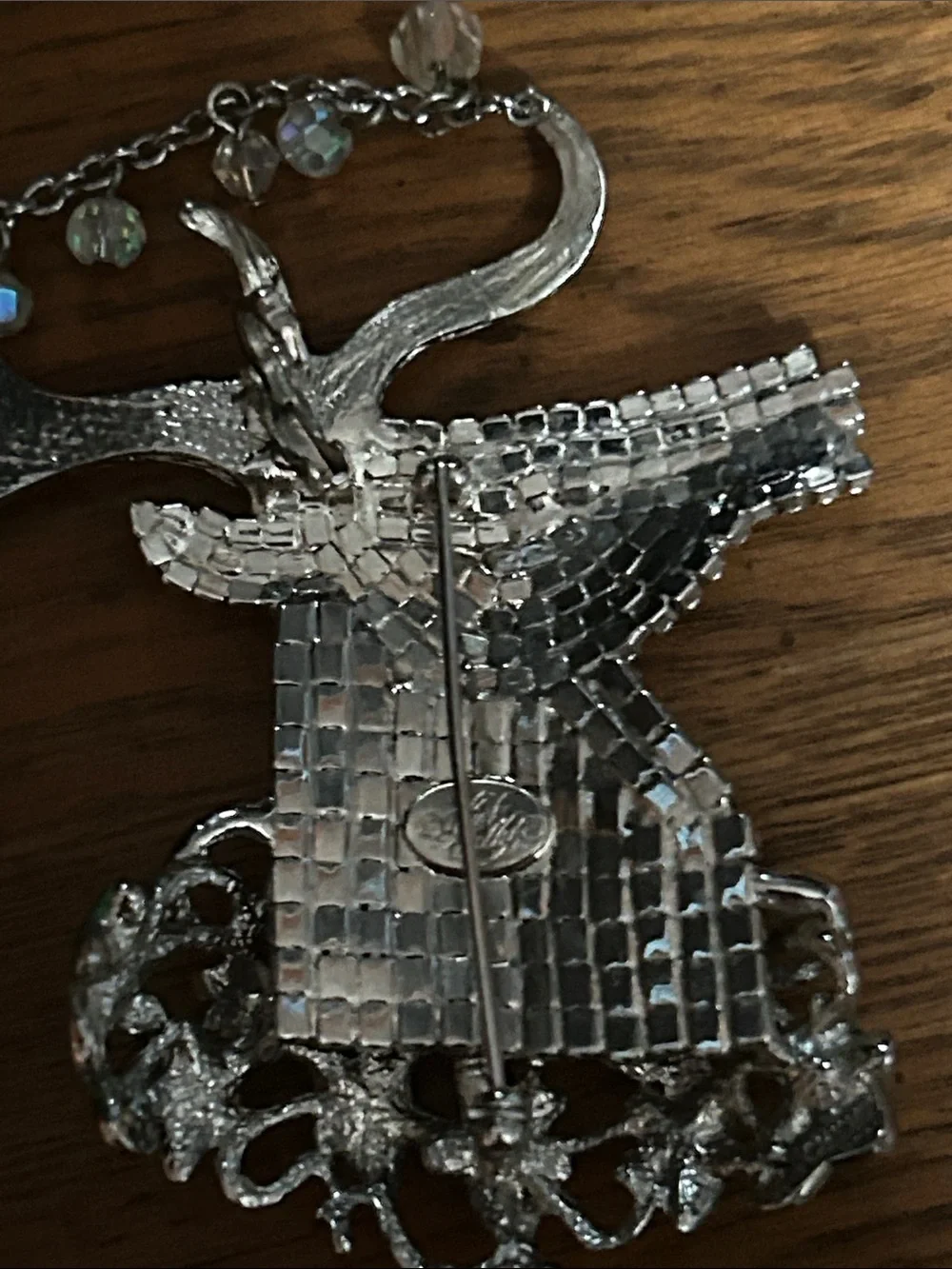 Kirks Folly Silver-tone Crystal Stag Brooch with Green Enamel Flowers